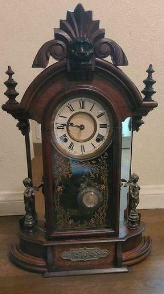 Antique Ansonia Carved Wood Mirrored Brass Cherubs Mantle Clock W/key