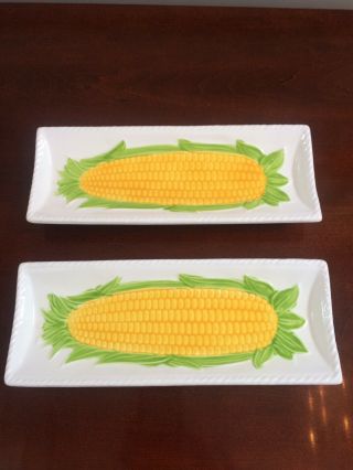 Vintage Set Of 2 Ceramic Corn On The Cob Dishes Embossed Yellow Green Cob