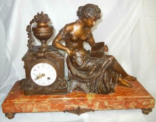 Outstanding Antique L&f Moreau French Lady Reading Spelter Marble Clock Figural