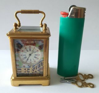 Miniature Carriage Clock Porcelain Just 8 Cm High Glass Brass Key Wind