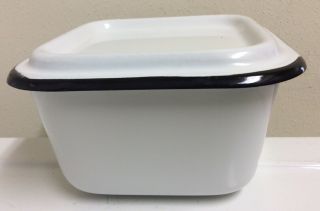 Vintage Enamelware Square Box With Lid,  White With Black Trim 6x6x3
