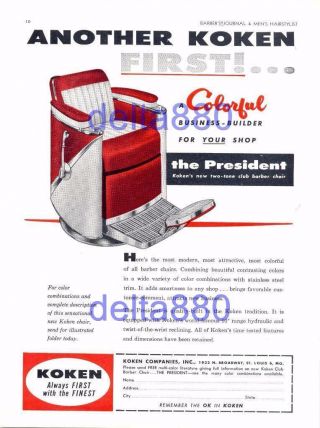 1958 Barber Shop Full Page Color Print Ad Koken " The President " Barber Chair