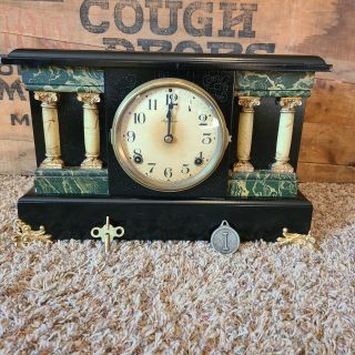 Antique E.  Ingraham Co Black Footed Mantle Clock W/ Pillars Bristol Conn Usa