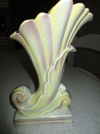 Vintage Grey Green Porcelain Hollywood Ceramics Cornucopia Vase Circa 1950 