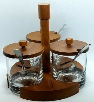 Mid Century Modern Condiment Set Wood And Glass Danish Style Three Glass Set