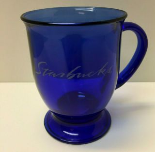 Starbucks Cobalt Blue Clear Glass Pedestal Coffee Cup Mug 16oz Anchor Hocking