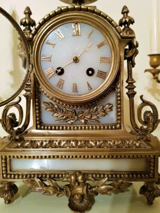Antique French Ormolu And White Stone Mantel Clock.