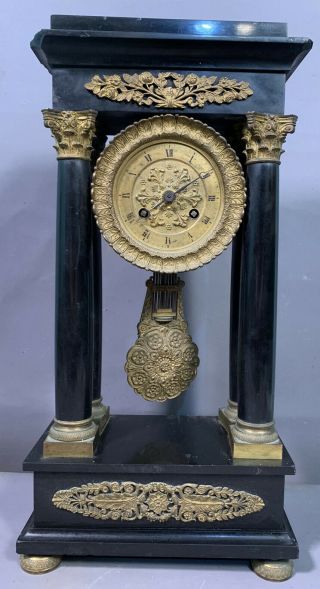 19thc Antique French Old Villemsens Paris Slate & Brass Marble Portico Clock