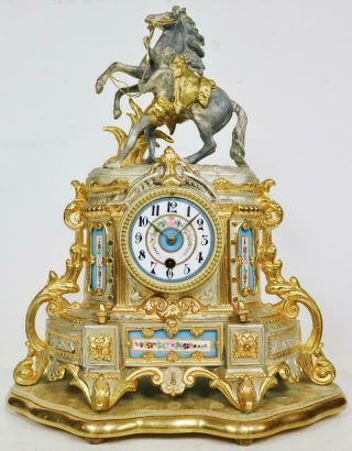 Antique French 8 Day Gilt Metal & Sevres Porcelain Horse Figural Mantle Clock