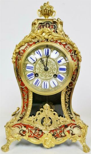 Antique 19thc French 8 Day Striking Red Shell & Inlaid Boulle Mantle Clock