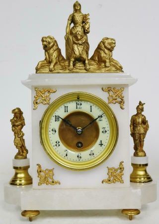 Stunning Antique French 8 Day Alabaster & Gilt Metal Britannia Mantel Clock