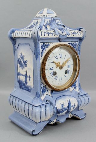 Antique F.  Marti Hand Painted Delft Porcelain Mantle Clock,