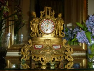 Antique Ornate French Gilt Metal Mantel Clock Porcelain Face,  Panels,  Lovers A/f