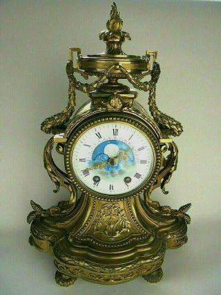 Antique French Moon Phase 8 Day Striking Mantle Clock