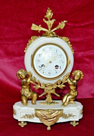 Antique French White Marble Gilt Ormolu Cherub Clock Case With Quartz Movement