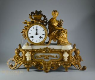 Antique 19th Century French Vincenti Et Cie Spelter & Alabaster Mantle Clock