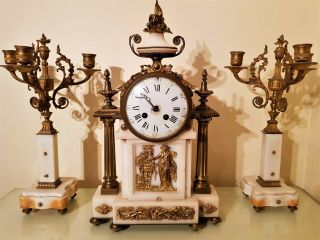 Large Antique French Ormolu And White Marble Mantel Clock.