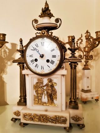 Large Antique French Ormolu and White Marble Mantel Clock. 2
