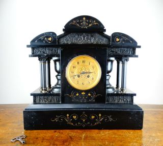 Antique Victorian French Chiming Mantel Clock Black Slate By Japy Freres Paris
