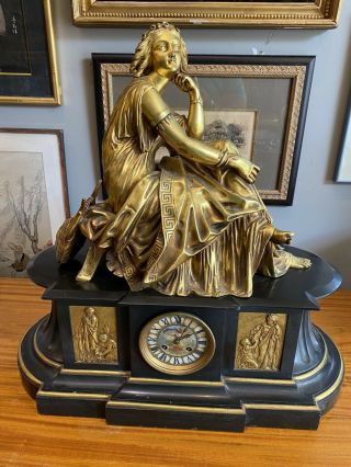 Huge 19th C French Dore Bronze & Marble Figural Reclining Woman Signed Machault