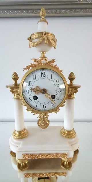 Antique French 8 Day Bell Strike Cream Marble Portico Mantle Clock