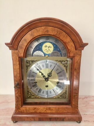Vintage Burr Walnut Veneer Cased Triple Chime Mantle Clock By Hermle 8 Rods