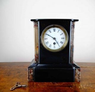 Antique Victorian French Mantel Clock In Polished Black Slate And Marble 8 Day