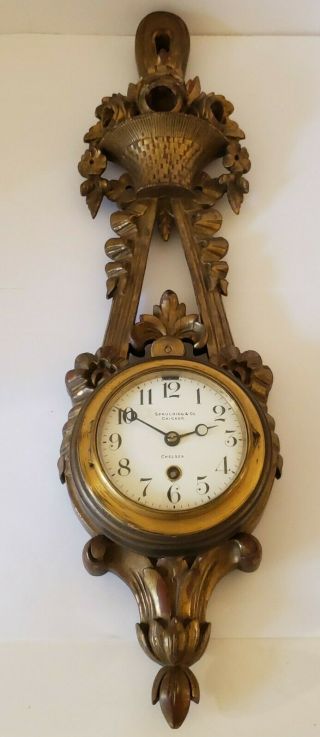 Antique 1915 Chelsea 8 Day Ornate Carved Gold Gilt Wooden Wall Clock