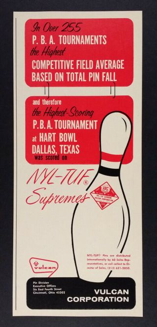 1969 Vulcan Nyl - Tuf Supreme Bowling Pins Vintage Print Ad