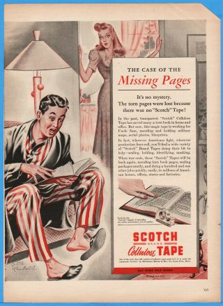 1944 3m Scotch Tape Case Of The Missing Pages Bill Randall Art Vintage Wwii Ad
