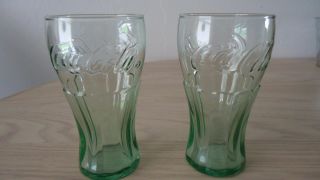Vintage Set Of 2 Coca - Cola 6oz Green Mini Glasses 4 1/2 " Tall