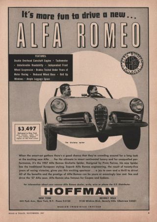 1957 Alfa Romeo Giulietta Spider European Sports Car Print Ad
