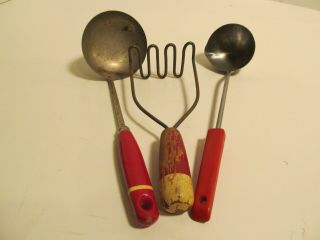 3 Vintage Red Handle Kitchen Tools Ladles Masher.
