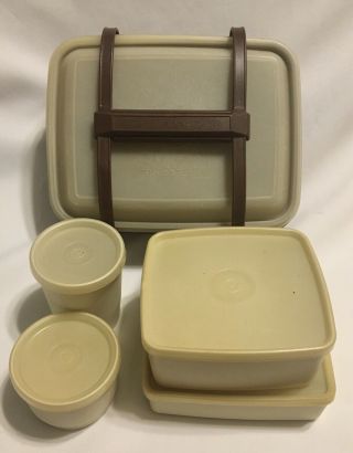 Tupperware Pack N Carry Lunch Box Almond Brown 10pc Cup Sandwich Snack Dessert
