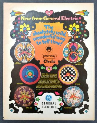1968 General Electric Peter Max Clocks: Wonderful Way To Tell Vintage Print Ad