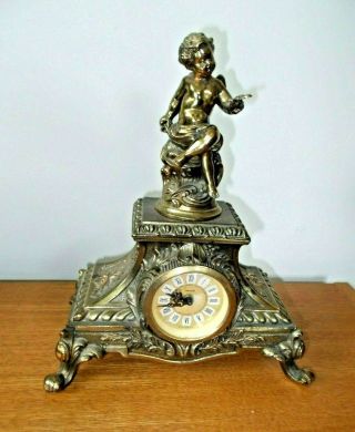 Cute Vintage Brass Mantel Clock With Cupid And Butterfly 7 1/2 " X 9 " X 4 1/2 "