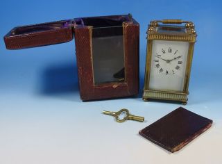 Antique French Gilt Brass Bevel Glass Petite Carriage Clock,  Leather Carry Case