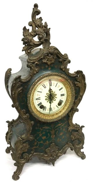 Antique Ormolu Ansonia York Boulle Style Mantel Bracket Clock Green Case