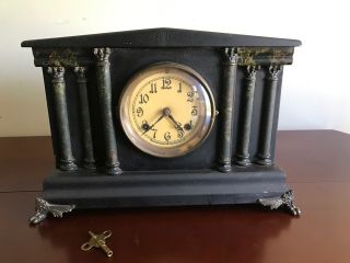 Antique Haven Clock Co.  Black Mantle Mantel Clock W/ Key Runs Fast