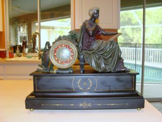 French Figural Clock W/beautiful Green Face And Red Cartouche Numerals