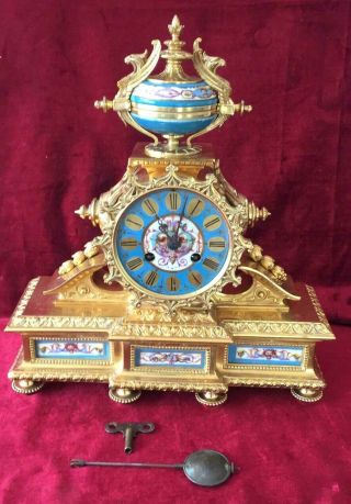 Large French Gilt Brass & Enamel Mantle Clock