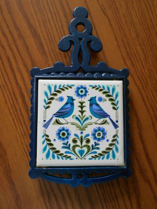 Cherry Vintage Cast Iron Ceramic Tile Trivet Blue Bird Folk Art Made In Japan