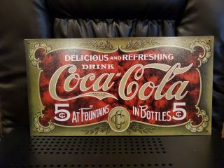 Vintage Coca Cola Sign Tin Metal Soda Pop Advertising 1910 Logo Fountains 5 Cent