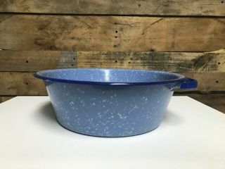 Vintage 11 1/2 Inch Enamelware Bowl,  Blue W/white Spots,  Handles,