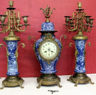 Antique Mantel Clock 19th Century French Porcelain Garniture Paris Japy FreÉres