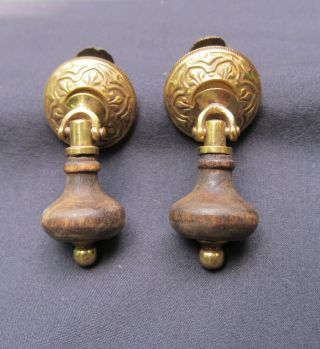 2 Victorian Wood & Brass Tear Drop Spool Cabinet Drawer Pulls Antique Hardware