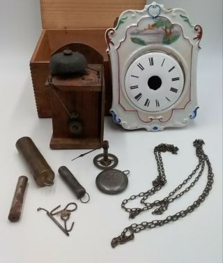 Antique Hanging Weight Driven Wall Clock Alarm Rustic Parts Repair