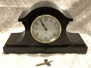 Antique Seth Thomas Tambour Style Mantel Clock Wood Grain Veneer