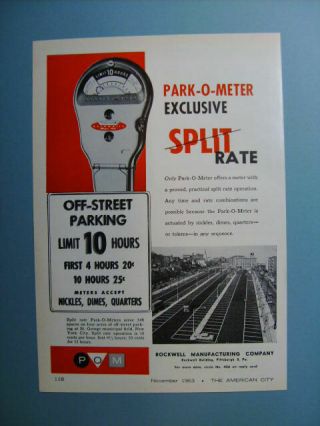 1963 Rockwell Parking Meters Park - O - Meter Exclusive " Split Rate " Sales Art Ad