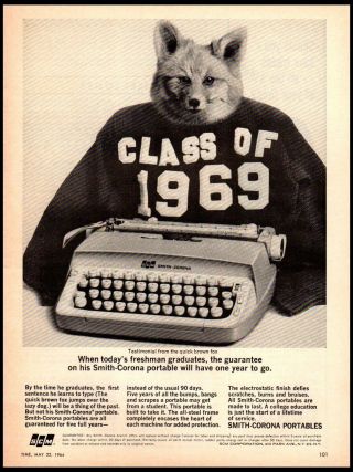 1964 Smith Corona Typewriter Class Of 1969 Sweater Fox Portable Vintage Print Ad